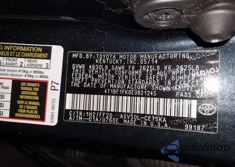 2014 Toyota Camry Se from USA, damaged, VIN 4T1BF1FK0EU821245